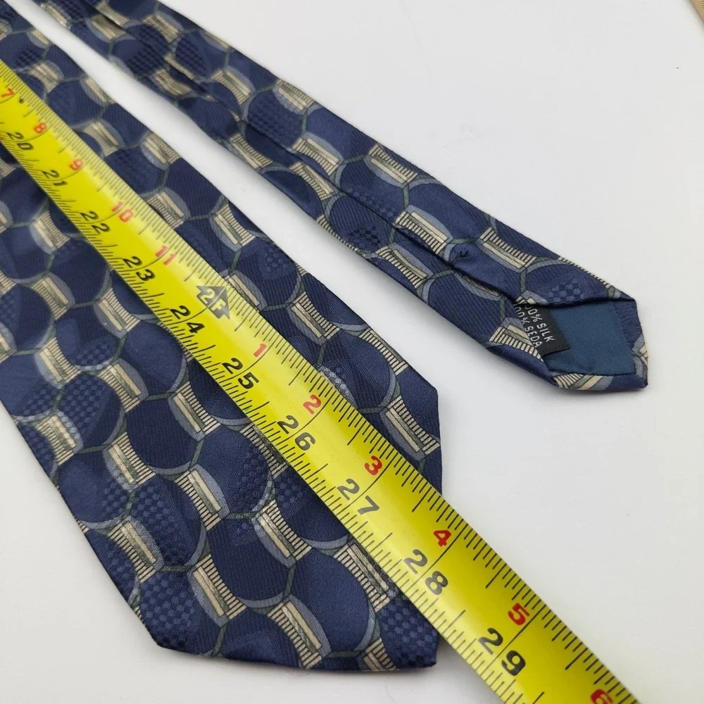 Stafford Made in Italy 100% Silk Navy Blue Gold Geometric Wide Necktie 3.75x57